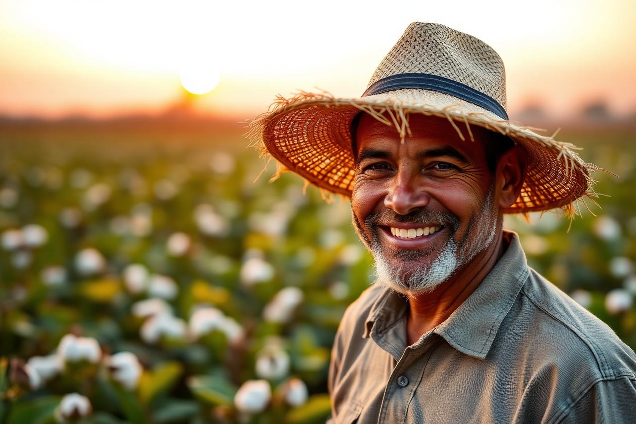 Produtor rural sorrindo em lavoura de algodão no Oeste da Bahia